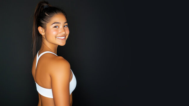 Hispanic sport woman athlete wearing white sportswear smiling isolated on black background