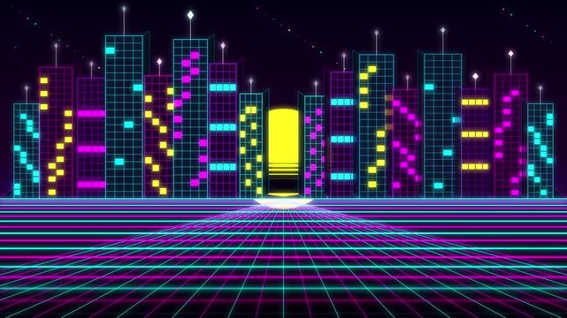 Retro pixel art city animation with neon skyscraper skyline, glowing grid landscape, and synthwave sunset loop