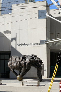 wide view of Brian Jungen's "Couch Monster" outside the Art Gallery of Ontario, at corner of Dundas St W and McCaul St, Toronto