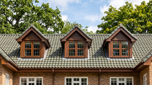 Three symmetrical wooden dormer windows on a pitched roof with grey textured tiles, set against a background, of lush green, deciduous trees