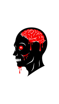 A graphic illustration of a zombie head with exposed red brain and dripping blood.