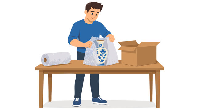 Smiling young man carefully wrapping fragile blue floral ceramic vase in protective bubble wrap on wooden table with cardboard box for safe house moving illustration isolated on white background