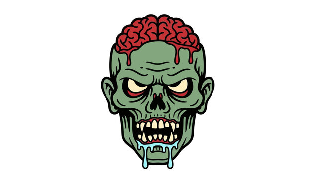 A creepy illustration of a zombie head with exposed brains and dripping saliva.