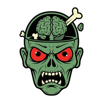 A cartoon illustration of a zombie head with its skull open, revealing a brain and bones, with glowing red eyes and sharp teeth.