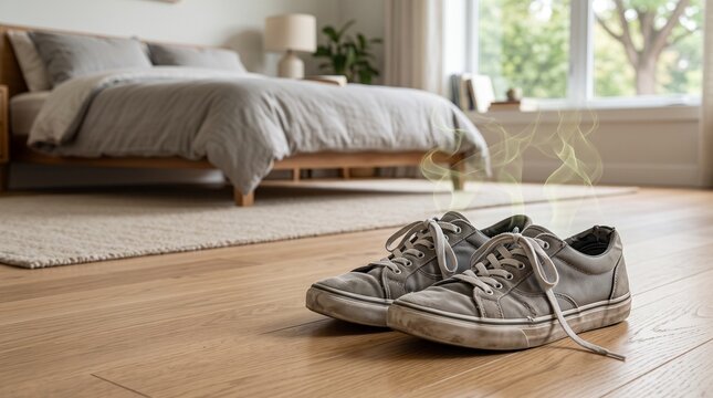 Smelly Sneakers on Bedroom Floor Representing Foot Odor Problem