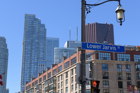 looking northwest from Lower Jarvis St and Front St E to residential buildings and buildings in the financial district, Toronto