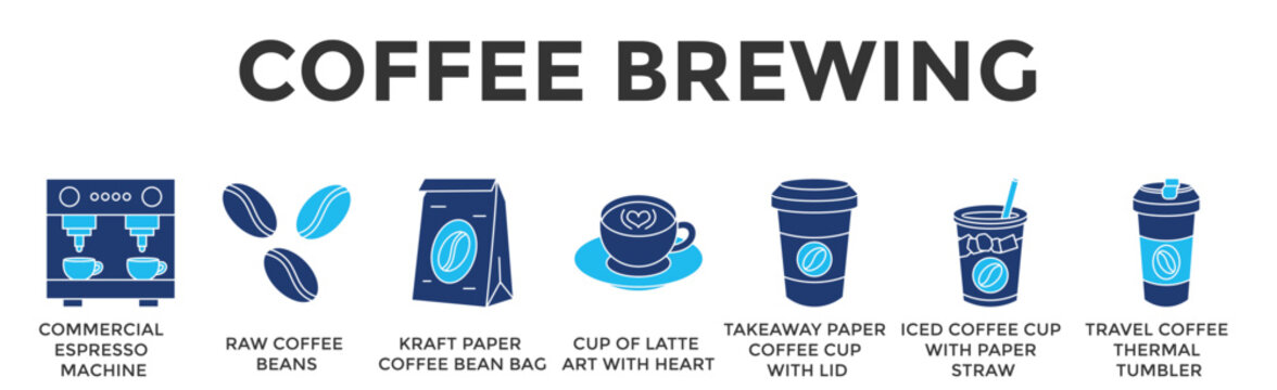 Coffee Brewing  Banner Web  Icon Set Collection Pack Vector Illustration Concept Containing Brew And Serve Premium Coffee With Professional Cafe Essentials