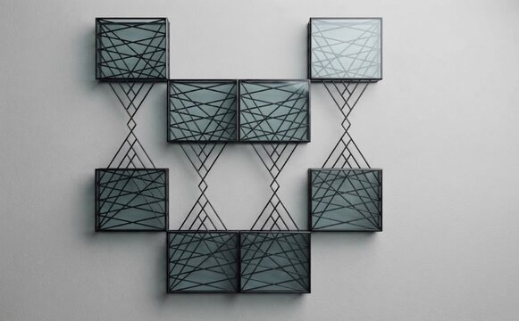 Modern Black Wireframe Geometric Wall Grid Installation with Intersecting Line Patterns Behind Glass