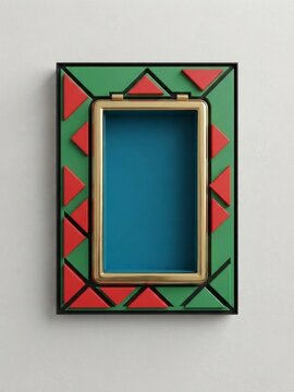 Decorative Wall Frame Featuring Green and Red Geometric Triangle Patterns with a Bold Blue Central Compartment