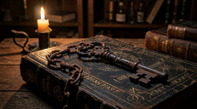 Ancient magic spellbook with rusty key and candle in library