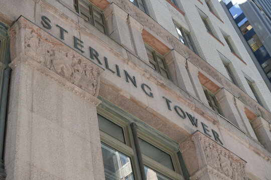 sign outside the Sterling Tower designed by Chapman & Oxley, completed in 1928, located at 372 Bay St at Richmond St W, Toronto