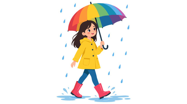 Cute smiling little girl in yellow raincoat and red boots walking through puddles in gentle rain holding colorful rainbow striped umbrella flat vector illustration isolated on white background