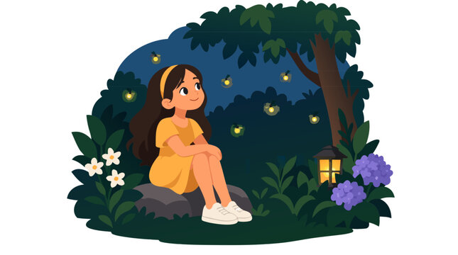 Cute cartoon girl in yellow dress sitting on rock watching glowing fireflies in dark garden at dusk with lantern, flowers and tree, charming flat vector illustration isolated on white background