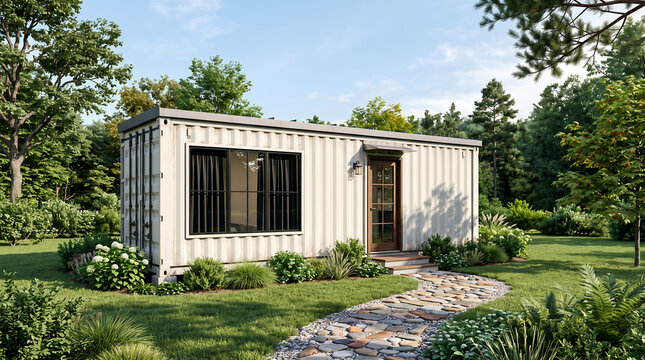 Off-grid shipping container house with corrugated metal walls, wooden door, and stone path in a lush green forest clearing under a blue sky