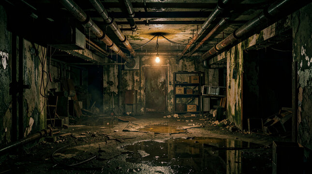 Dark creepy abandoned basement with rusty pipes and water puddles
