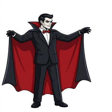 Dracula Vampire Character Wearing Black Suit and Red Cape Vector Illustration Isolated on White Background