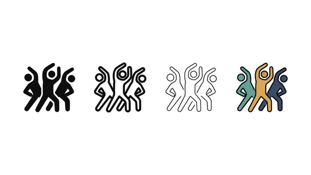 Group of diverse stylized people dancing with raised arms during a celebration isolated on white background