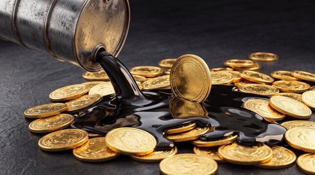 Golden coins scattered on a dark surface as black oil pours over them, symbolizing wealth, investment, energy, profit, and the connection between finance and petroleum.