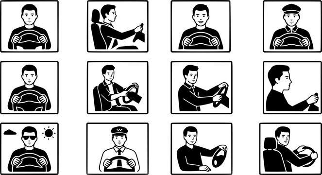 Male driver icon set featuring person holding steering wheel in outline and solid glyph styles for automotive transportation and travel
