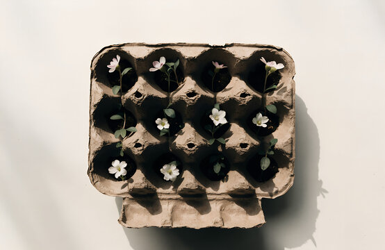Top-down view of an old cardboard egg carton with small blooming flowers growing out of each egg compartment instead of eggs