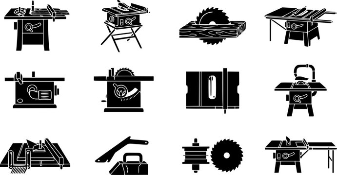 Table saw icon set for woodworking carpentry industrial power tool equipment workshop circular blade machine cutting timber wood construction hardware
