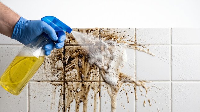 Hand in blue glove spraying cleaning liquid on dirty white tiles creating foam and suds