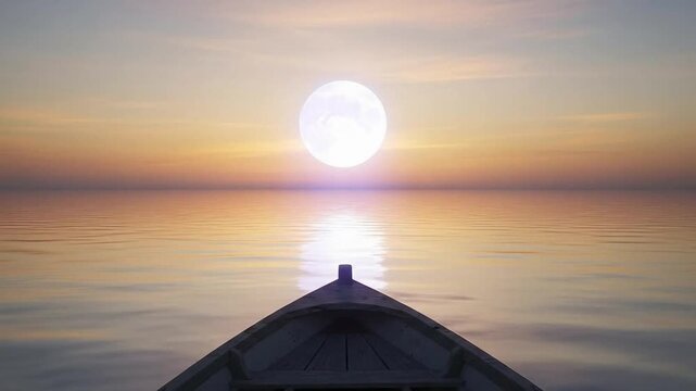Sailing towards the bright full moon over calm ocean waters on a peaceful night journey representing solitude and tranquility
