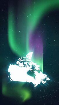 Canada map silhouette with glowing northern lights aurora borealis night sky background concept