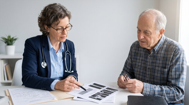 Female Doctor Explaining Bone Density DEXA Scan Results to Senior Male Patient in Clinic Office