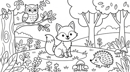 Fototapeta premium Cute woodland forest animals coloring page for kids, black and white vector illustration
