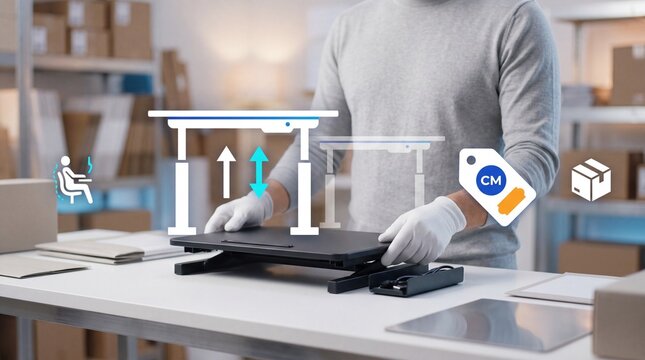 Worker in gloves preparing an adjustable desk converter for shipping in a warehouse facility