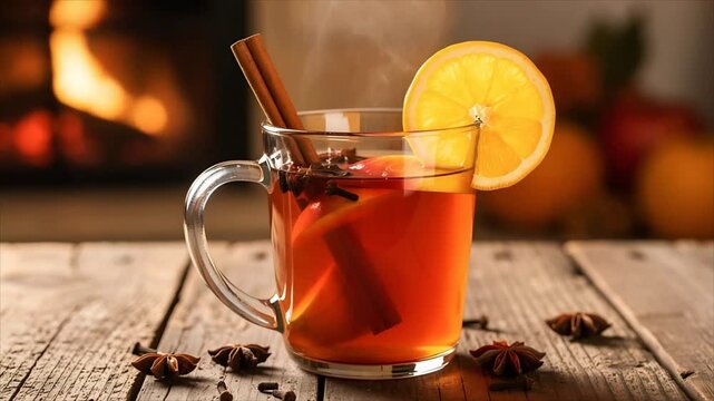 Hot spiced tea with orange, cinnamon and star anise in a glass mug. A cozy seasonal drink with warming winter flavors.