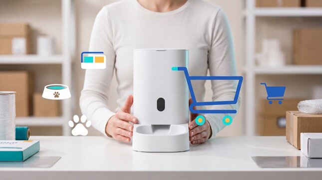 Person holding an automatic pet feeder on a table with digital icons in a warehouse