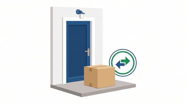 Cardboard parcel delivered at a residential blue front door with an