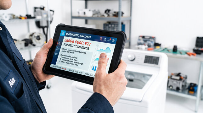 Appliance technician uses diagnostic tablet to troubleshoot washing machine with E23 sud detection error in workshop