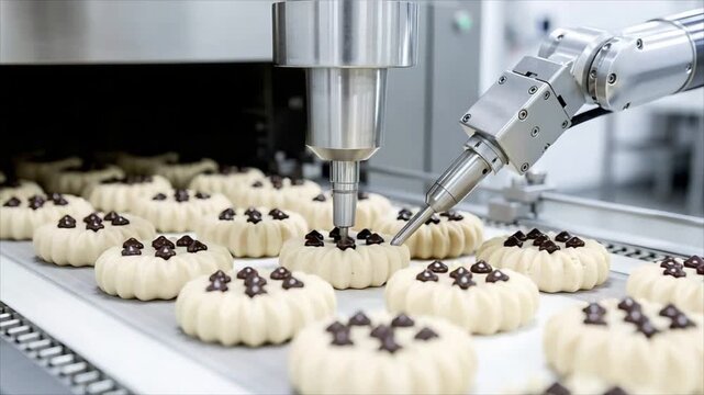 Robotic machines decorate chocolate-topped cookies on a conveyor in an automated bakery. Industrial food production and precision confectionery manufacturing.