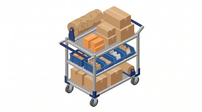 Isometric warehouse trolley loaded with cardboard boxes and plastic
