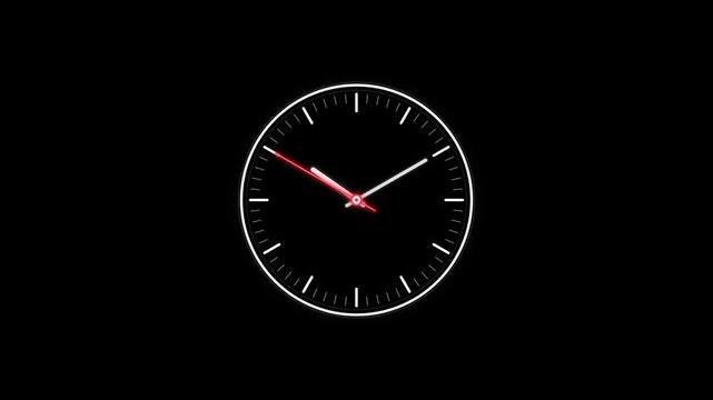 Analog clock with moving red second hand on black background