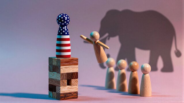 Political divide symbolized by stacked blocks and elephant shadows, with a flag-adorned figure standing tall.
