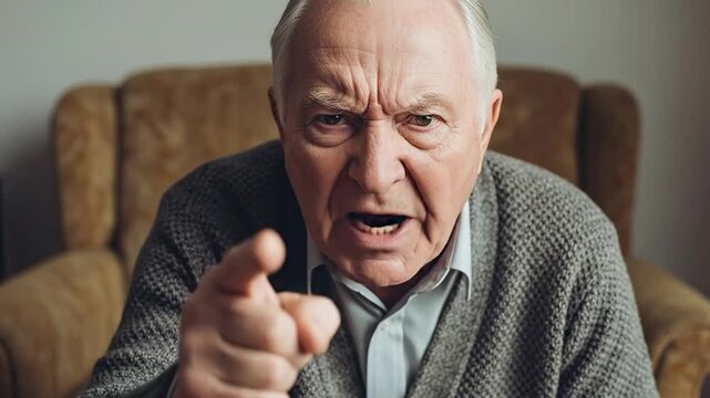 Angry senior man pointing finger at camera aggressively while sitting in armchair, representing frustration, elderly anger, and strict grandfather concept for editorial or advertising use