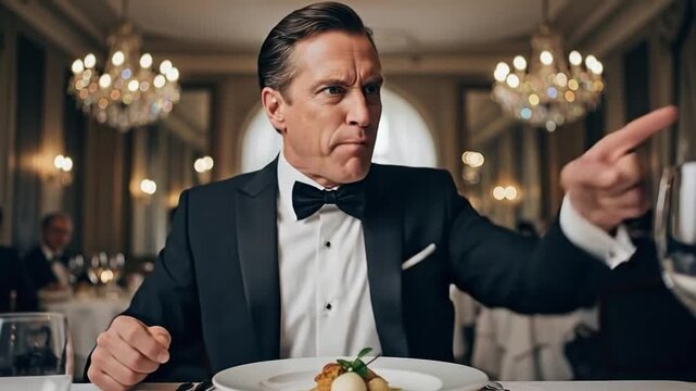 Angry middle aged caucasian man in tuxedo pointing at tiny portion of food in fine dining restaurant, representing bad service and small portions concept
