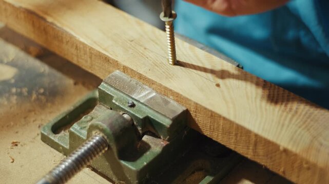 Close-up of a craftsman using a manual screwdriver to fasten a screw into a wooden plank in a workshop. Authentic handmade DIY woodworking footage for craft and maker projects