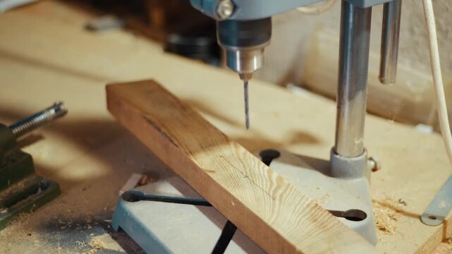 Close-up of a craftsman using a drill press to bore a hole into a wooden plank in a workshop. Authentic DIY woodworking footage for construction, carpentry and maker projects