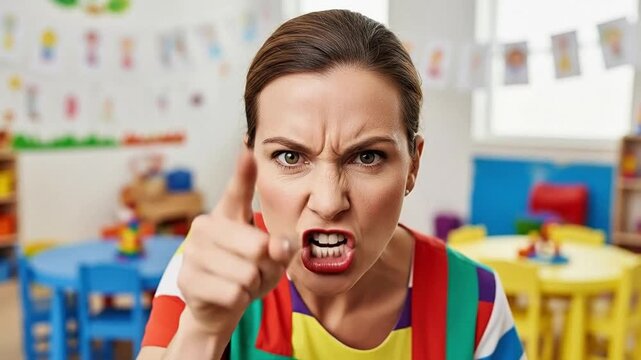 Angry Caucasian female teacher pointing finger at camera in a colorful kindergarten classroom representing strict discipline and frustration
