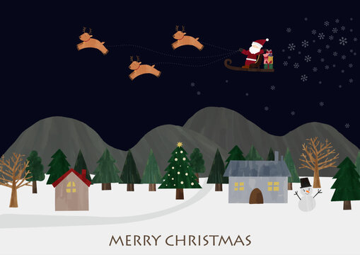 クリスマスの街並みとサンタクロースの手描き風イラスト