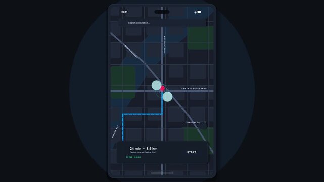 Smartphone GPS navigation map app showing route tracking, location pin, direction guide, digital travel element, interface design