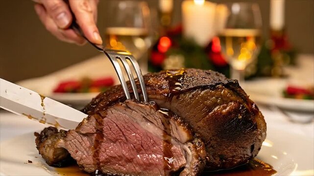 Hands carve a roasted beef joint at a dinner table. Close-up of slicing tender roast with a knife and fork for a shared meal.
