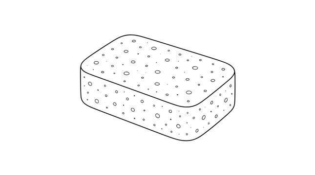 Black outline vector icon of a rectangular sponge with rounded corners and scattered oval pores on top and sides drawn with thin smooth lines in centered isometric composition showing porous texture