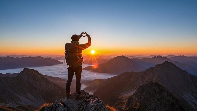 Hiker making heart shape with hands on mountain peak at sunrise representing adventure, love for nature, and travel inspiration