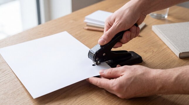A person using a hole puncher to punch holes in a white piece of paper on a wooden desk.
